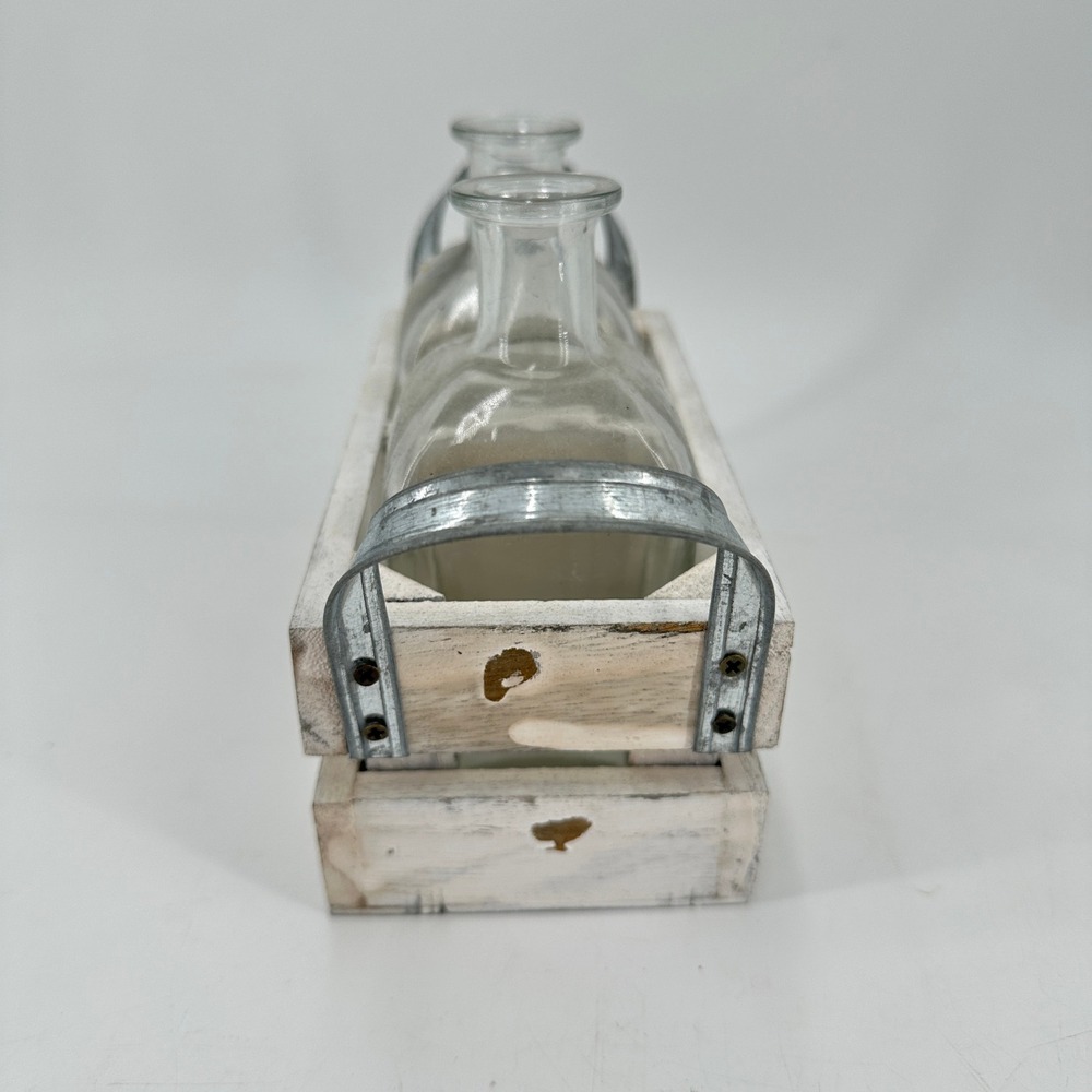 Farmhouse Distressed White Wooden Crate with 2 Glass Bud Vases Metal Handles - Picture 2 of 10